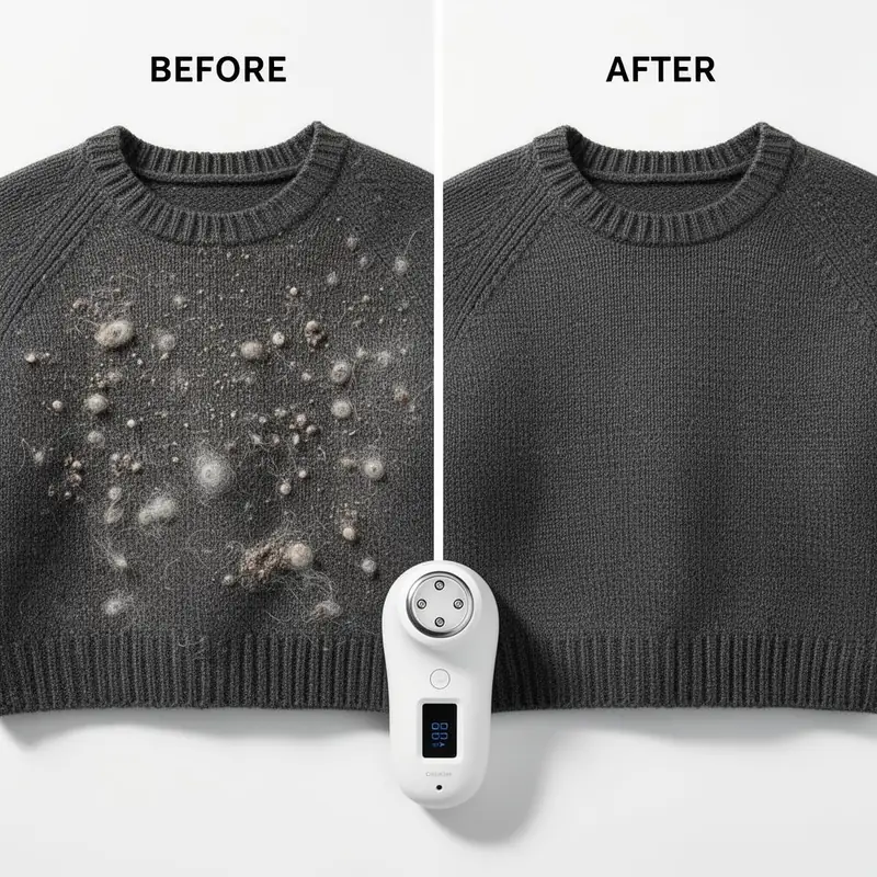 Before and after — pilled wool sweater vs. de-pilled with Revive fabric shaver